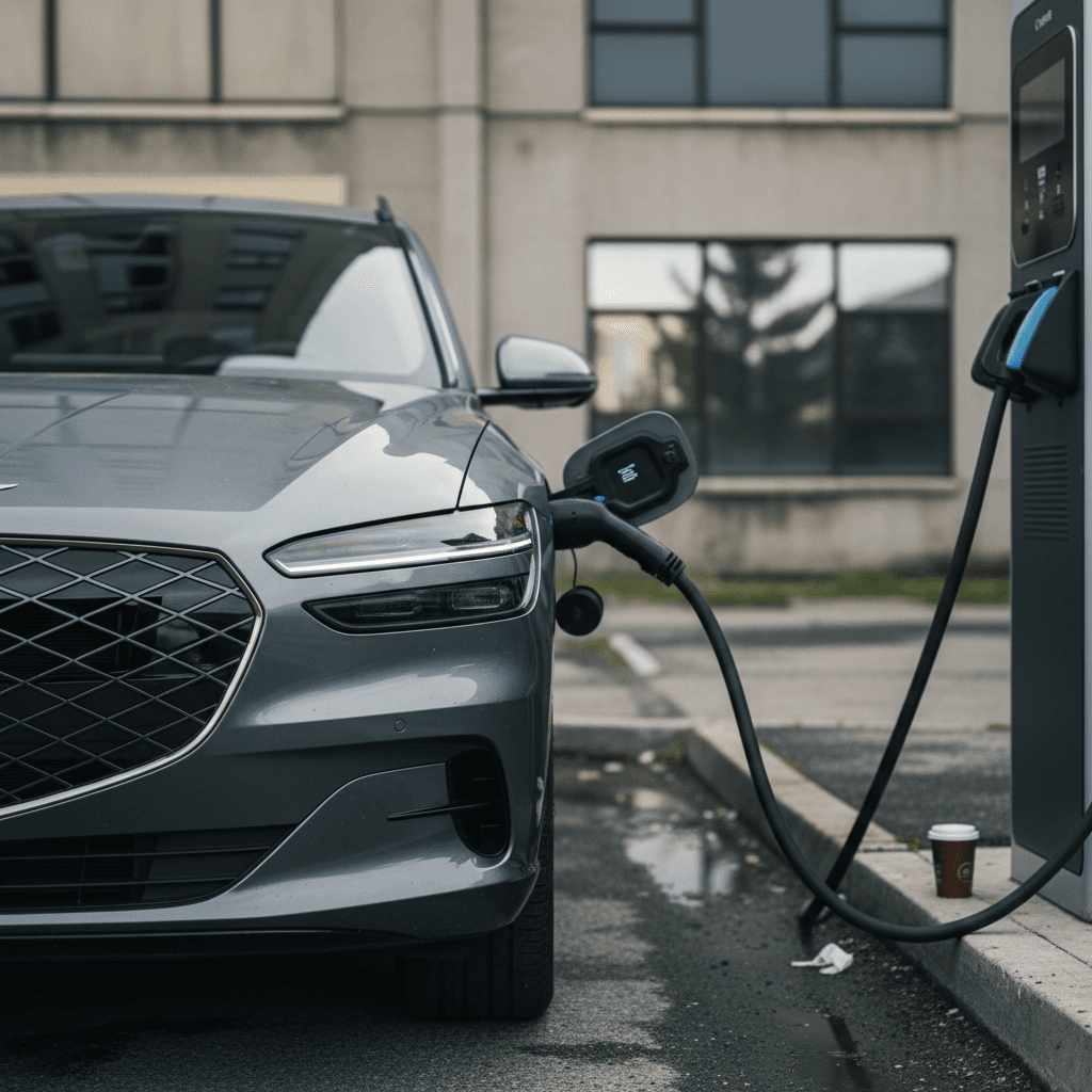 Genesis GV60 charging at a public fast charger during a long-term test