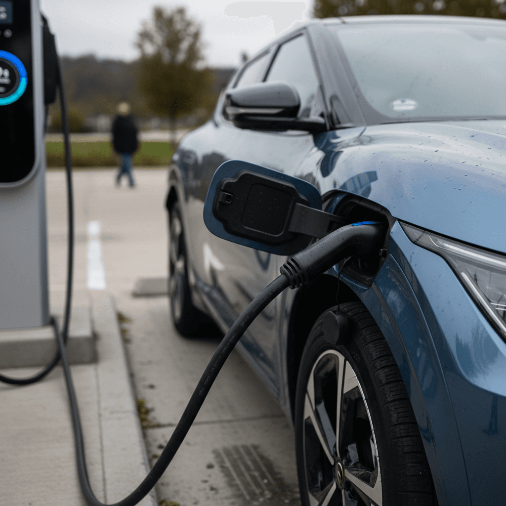 Kia EV6 plugged into a DC fast charger with charging cable and station screen visible