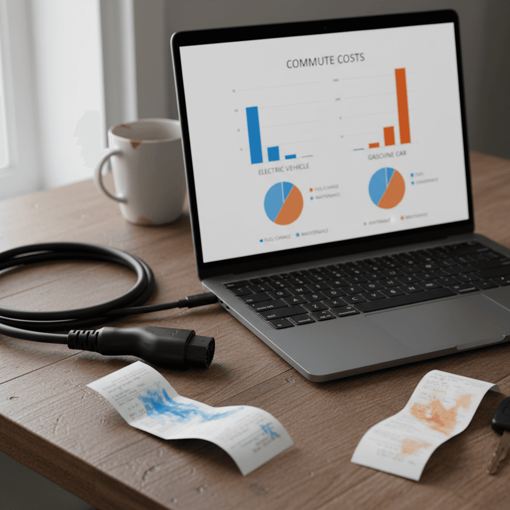 Spreadsheet on a laptop comparing annual EV and gas fuel costs for a long‑distance commute, with receipts and a charging cable nearby