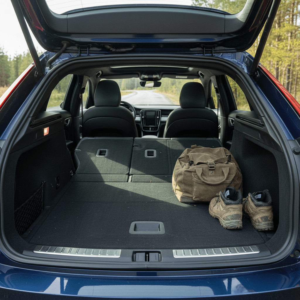 Polestar 2 with rear seats folded flat, viewed from open tailgate, highlighting extended cargo area
