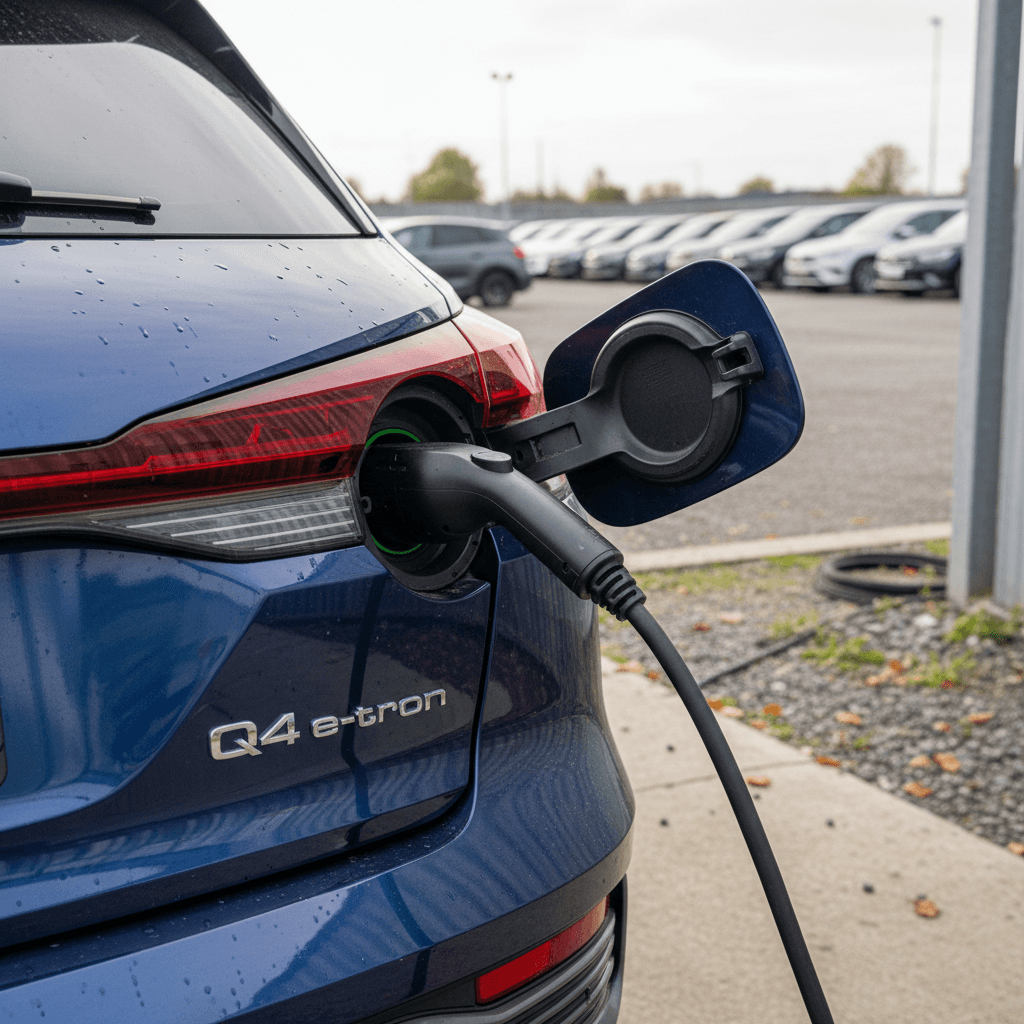 Used Audi Q4 e-tron lined up on a dealer lot with visible charging ports and clean presentation