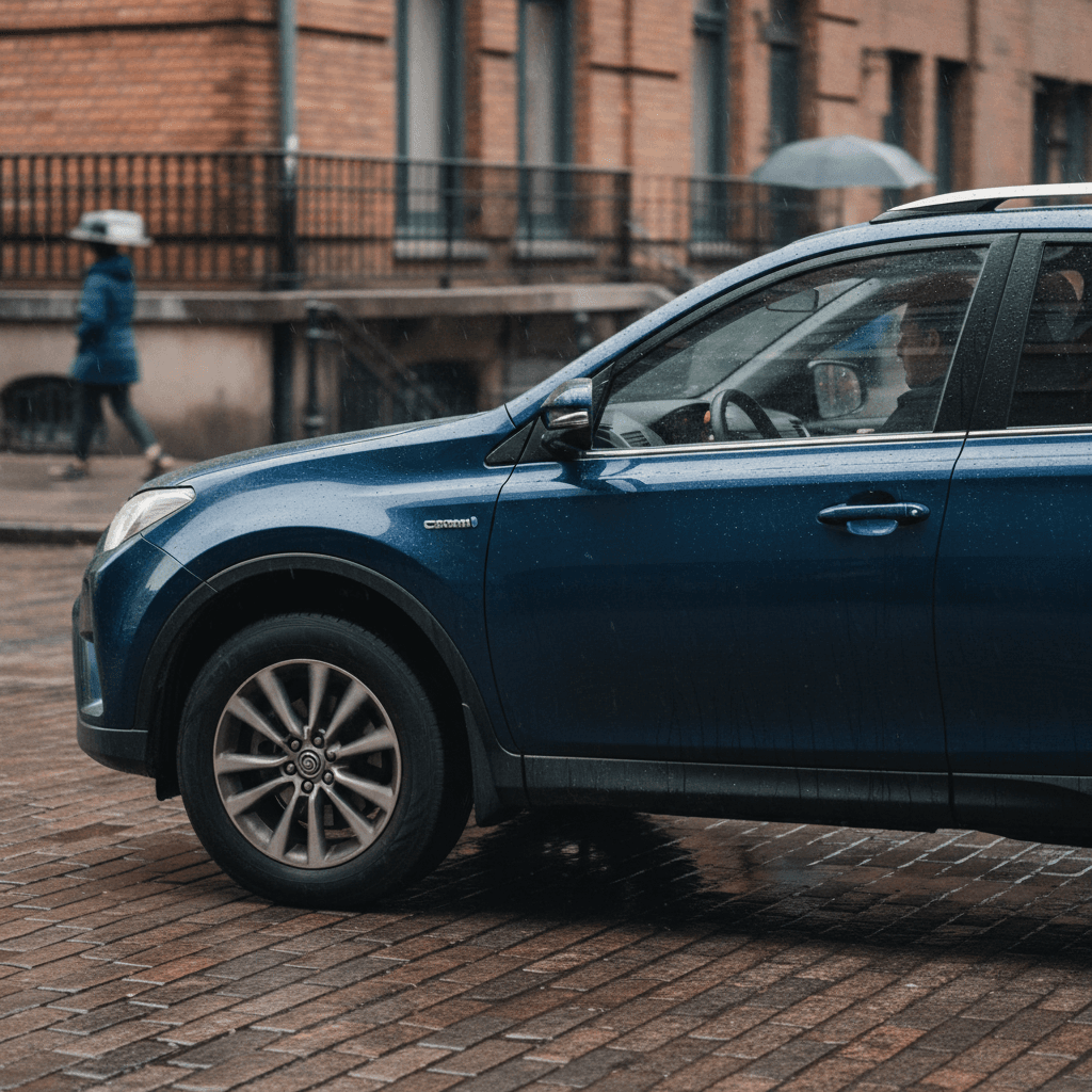 Used Toyota RAV4 Hybrid driving through a modern city street