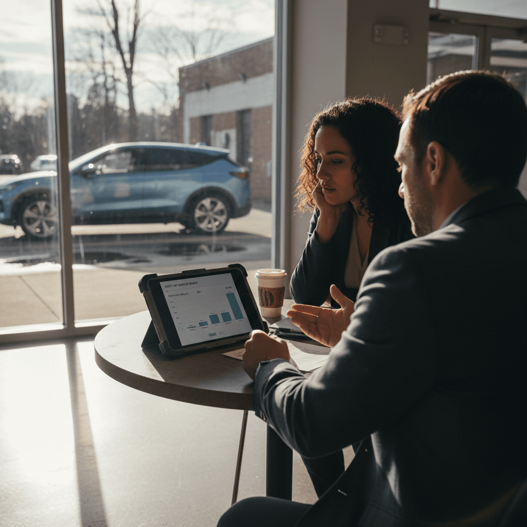 EV owner and dealership manager reviewing an EV battery health and trade‑in value report on a tablet at a Maryland dealership