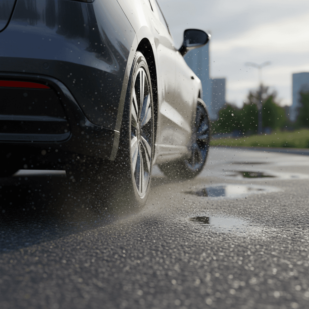 Close-up of a car tire in motion on asphalt, illustrating tire wear that creates particulate emissions.
