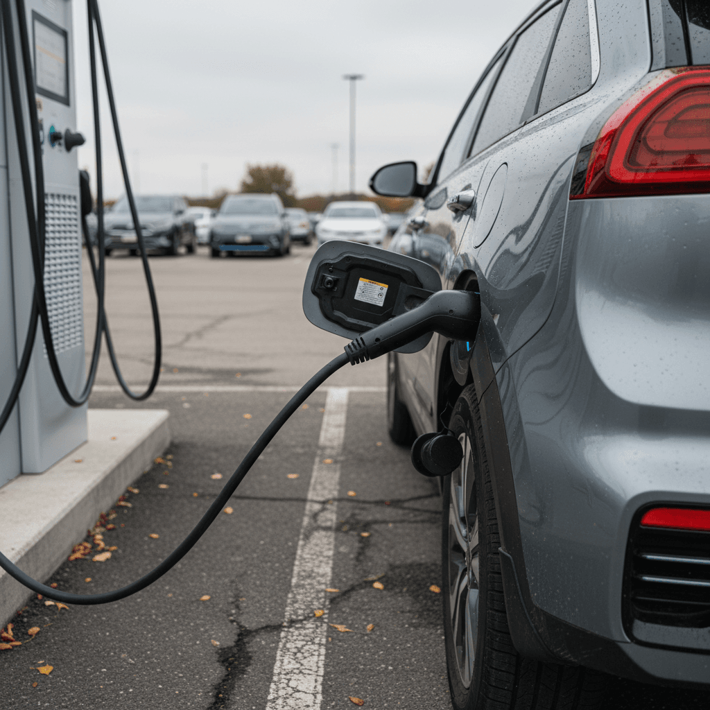 Kia Niro EV plugged into a public DC fast charger, showing battery state of charge on the display