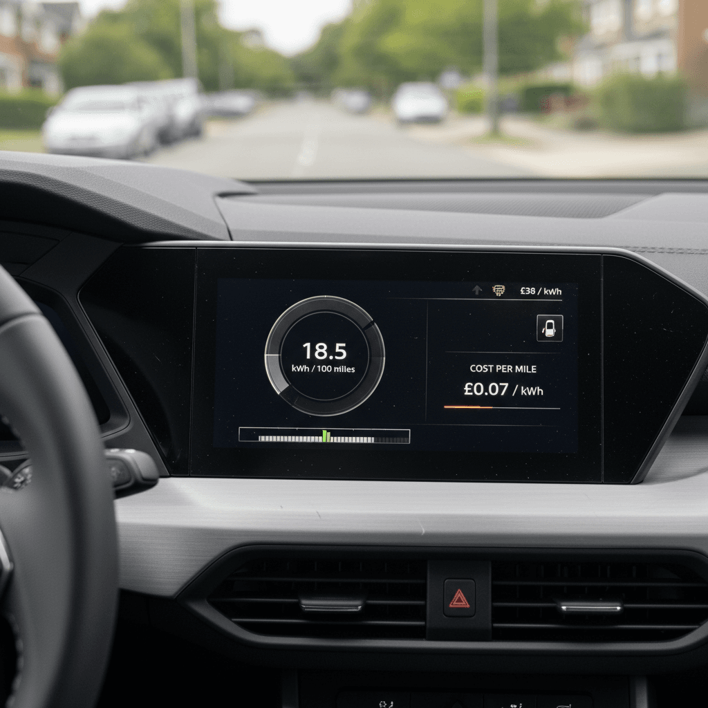 EV instrument cluster showing kWh per 100 miles and a cost per mile estimate overlayed on top of the display