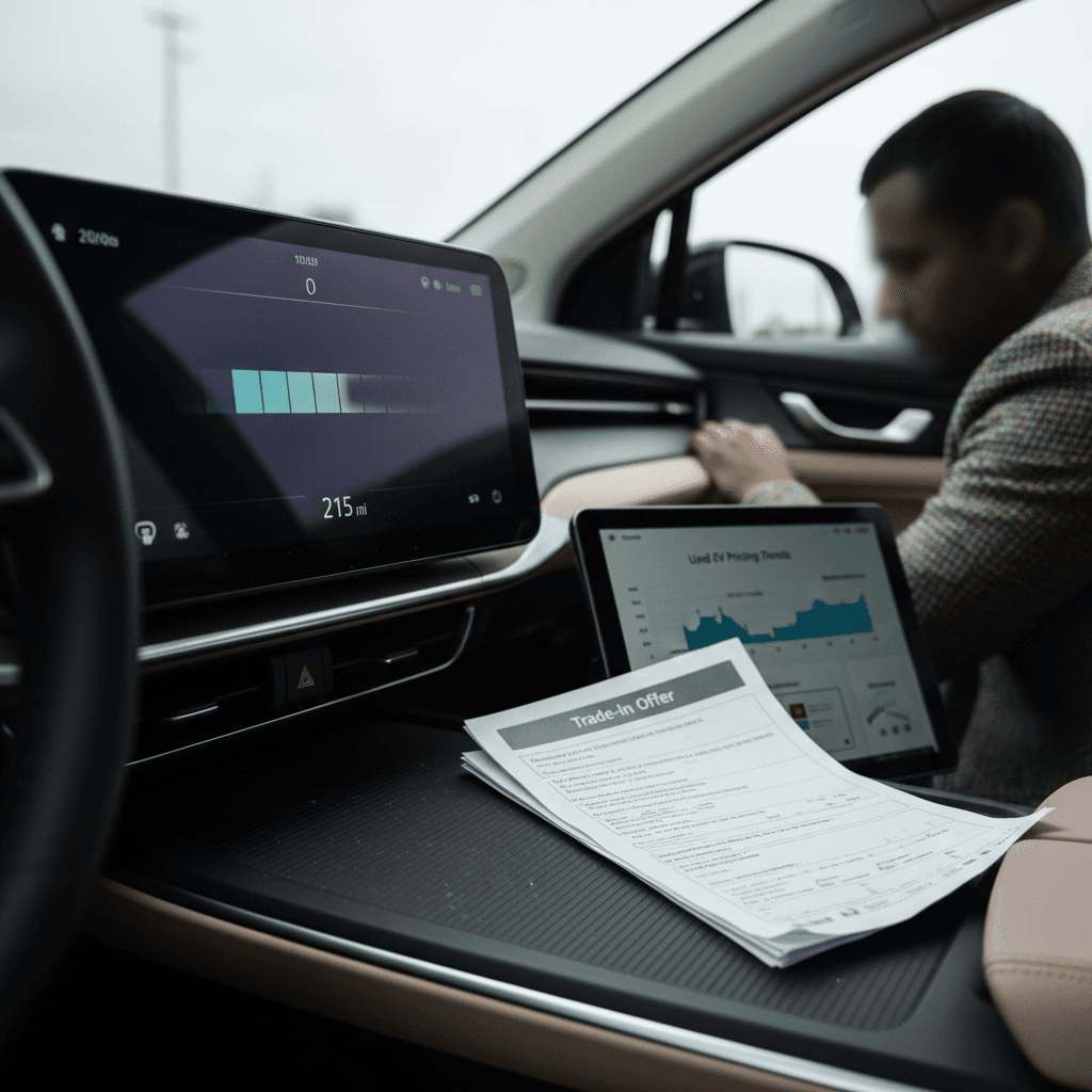 Salesperson reviewing a used EV trade in offer while battery health and range are displayed on the car’s dashboard screen