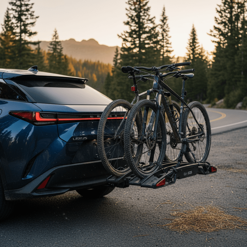 Lexus RZ 450e with a platform hitch rack carrying two bikes, showing clearance and rear hatch access