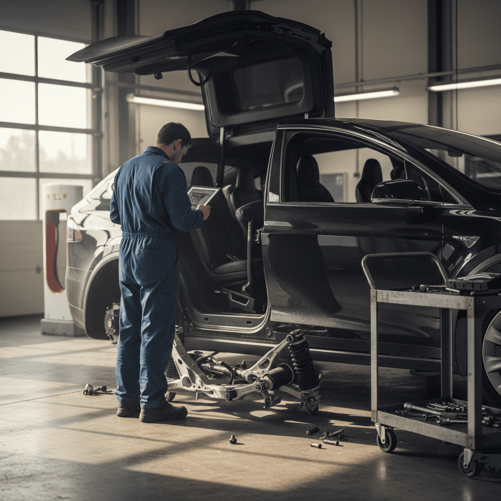 Technician checking a Tesla Model X falcon wing door alignment and front suspension in a service bay