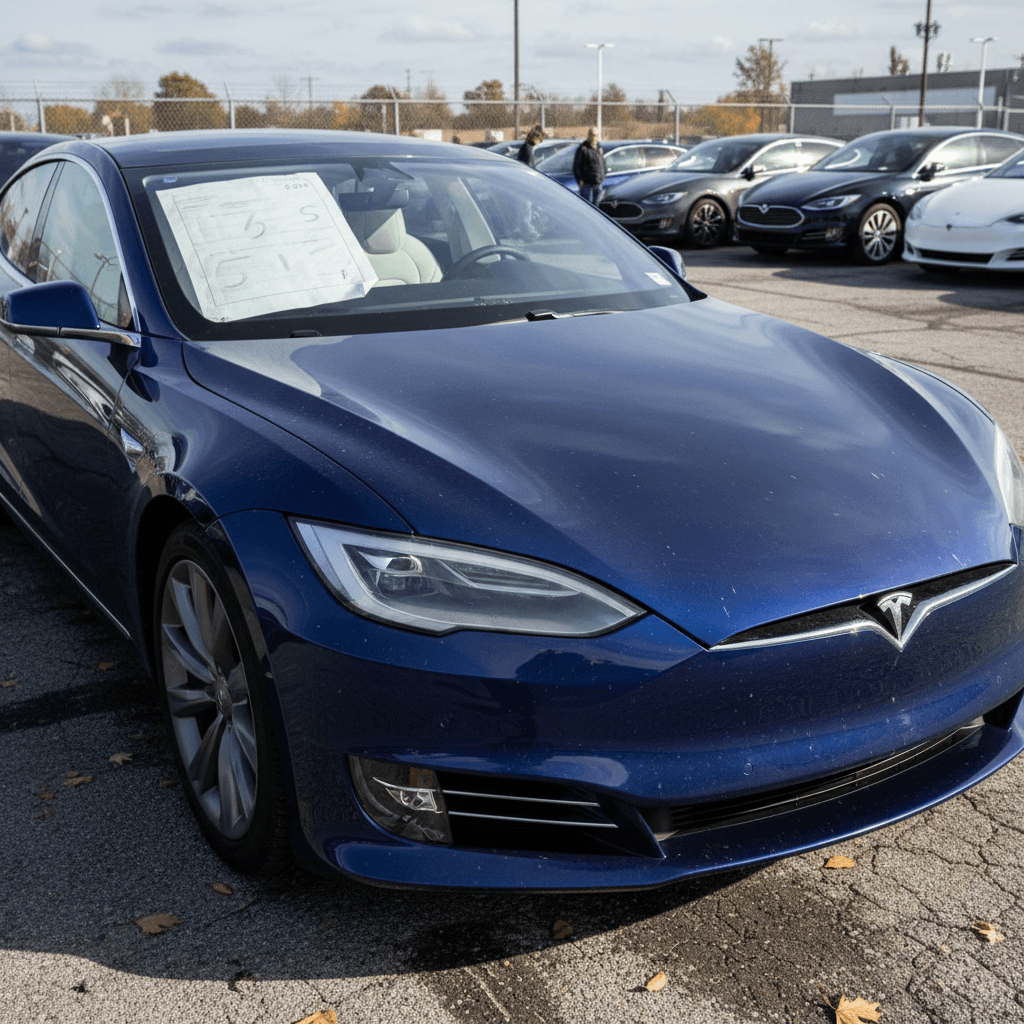 2022 Tesla Model S parked on used car lot with trade-in appraisal paperwork on clipboard