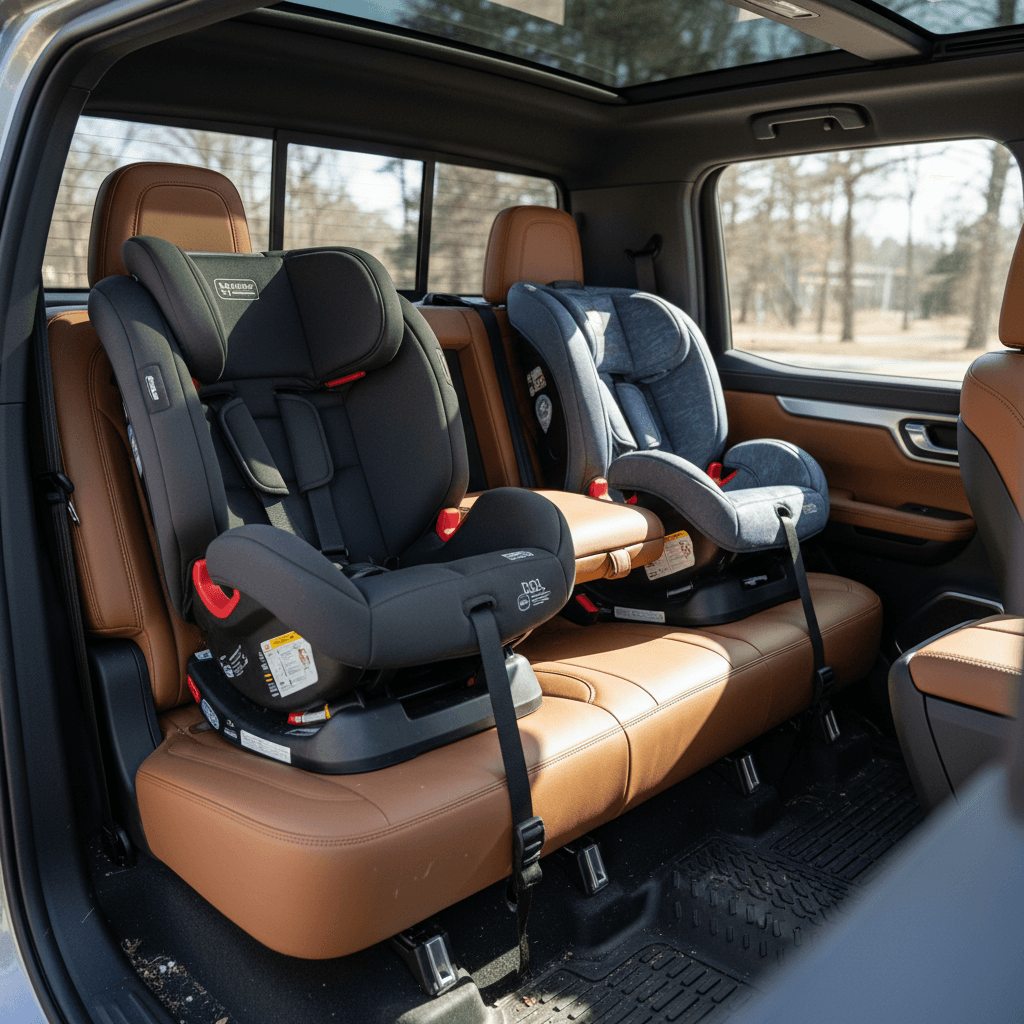 Two child car seats installed in the rear bench of a Rivian R1T using LATCH anchors