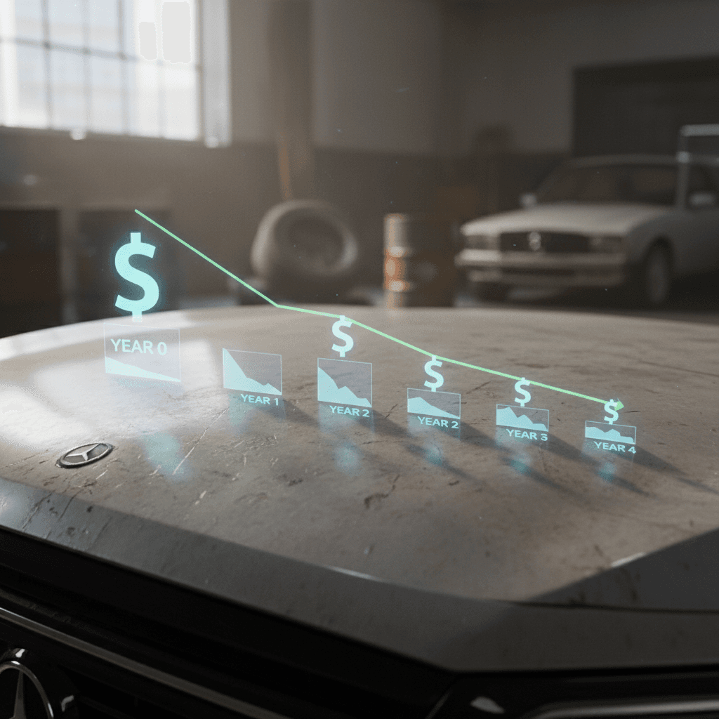 Illustrated curve of Mercedes EQB value declining over five years with labels for 1, 3, and 5 years