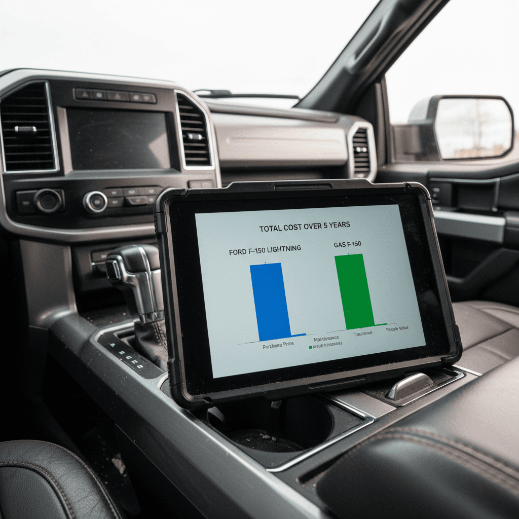 Tablet display showing a five-year cost comparison of a Ford F-150 Lightning versus a gas F-150 for a truck shopper