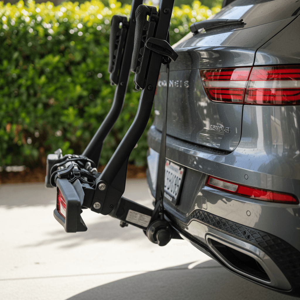 Hitch-mounted bike rack with two bicycles on an electric SUV, showing proximity to rear parking sensors and taillights.