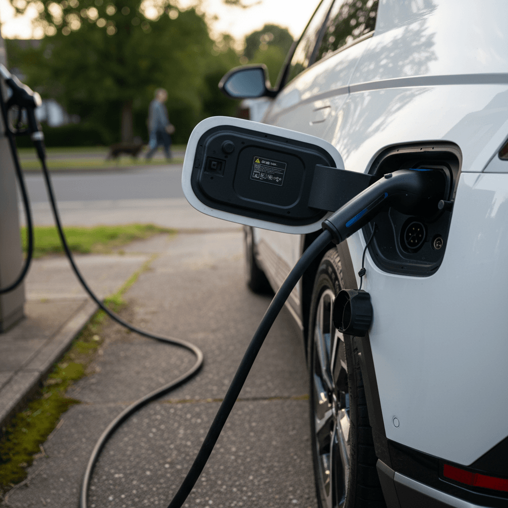 Plug‑in hybrid SUV charging at a home wallbox in a modern garage