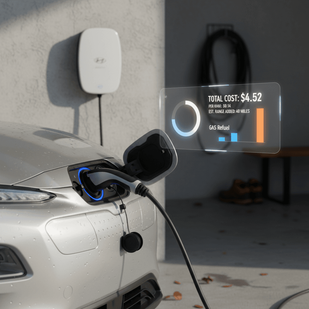 Hyundai Kona Electric plugged into a home Level 2 charger while a gas Kona is parked nearby, illustrating ownership cost differences