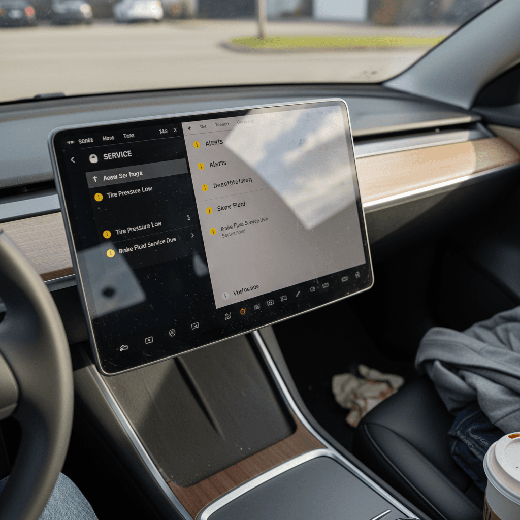 2022 Tesla Model 3 interior touchscreen open to the service menu showing HVAC and warning indicators