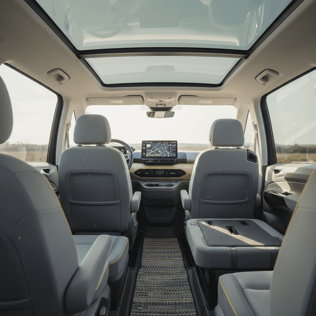 Interior of a Volkswagen ID. Buzz showing three rows of seats, large glass area, and central touchscreen