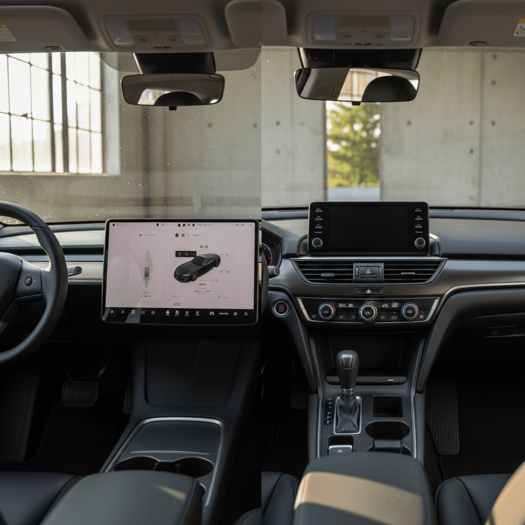 Side-by-side interiors of a Tesla Model 3 and Honda Accord showing the minimalist touchscreen layout versus a traditional dashboard with physical controls.