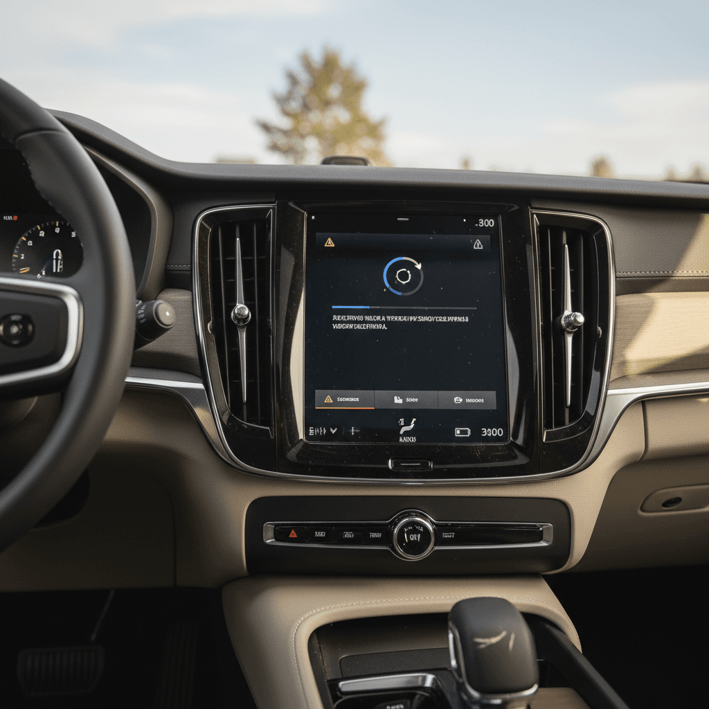 Volvo EX90 interior highlighting the digital instrument cluster and large center touchscreen with warning icons visible