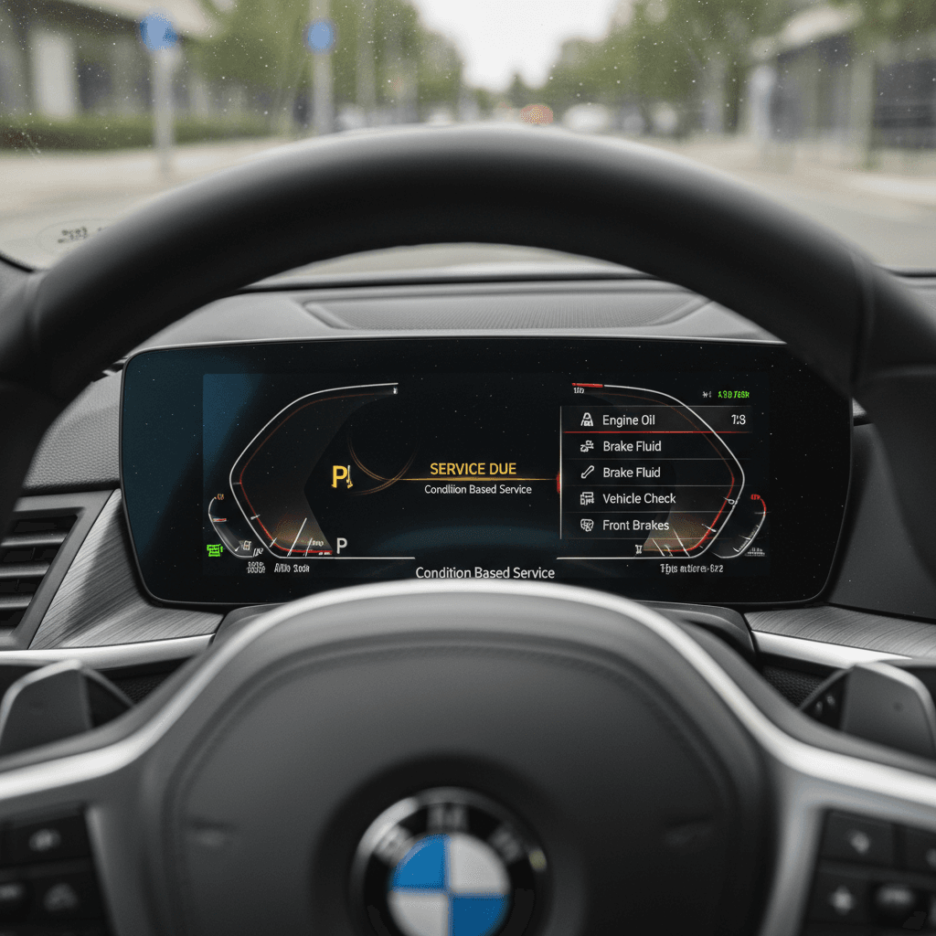 BMW i4 digital cluster with a service due icon and condition based service menu displayed