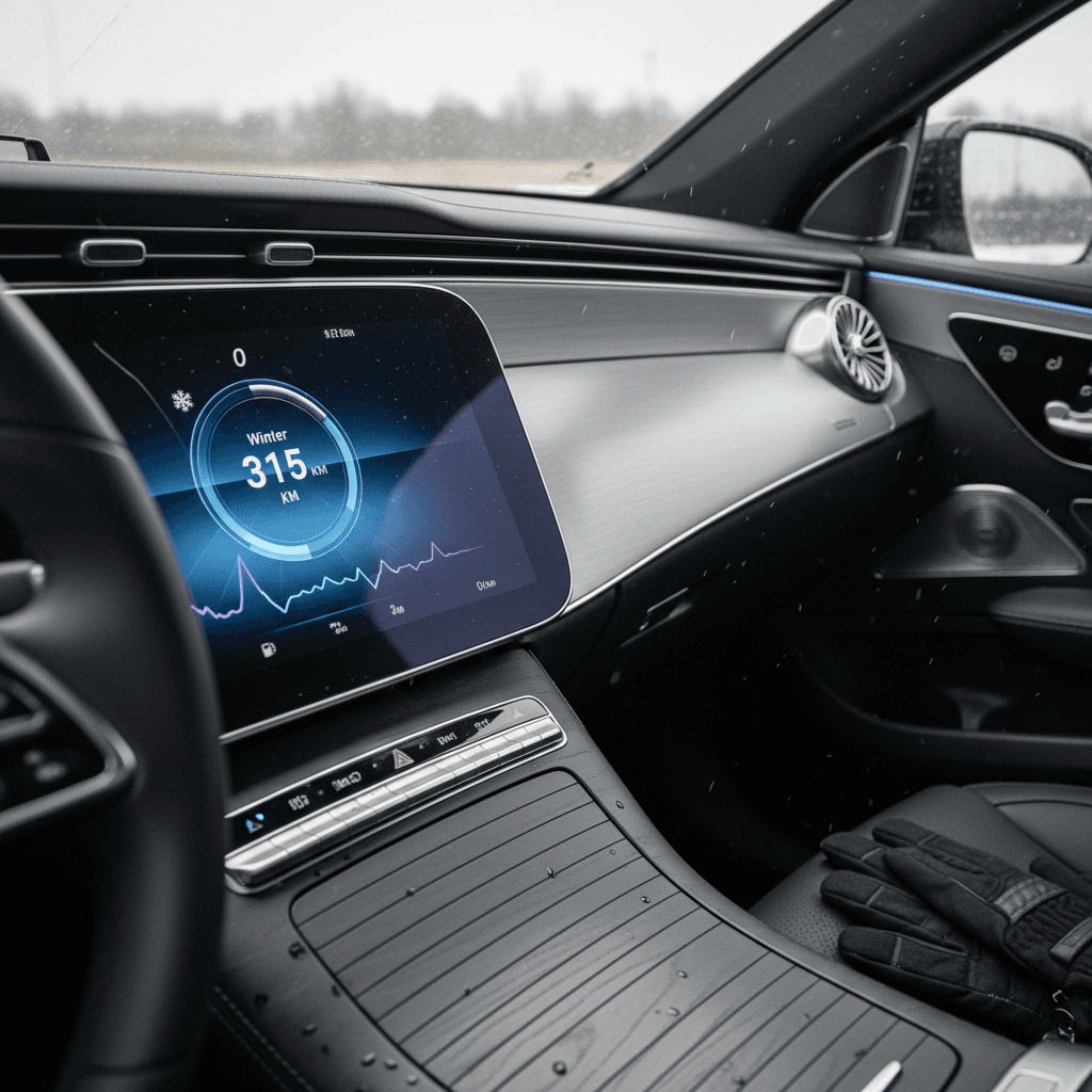 Digital dashboard of a Mercedes EQE showing winter range estimate and higher energy consumption on a cold day