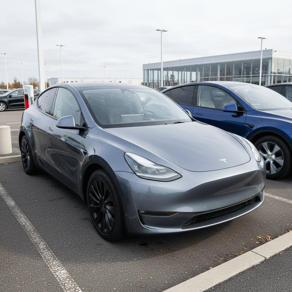 New 2025 Tesla Model Y parked next to an older pre-refresh Model Y, illustrating styling and wheel differences