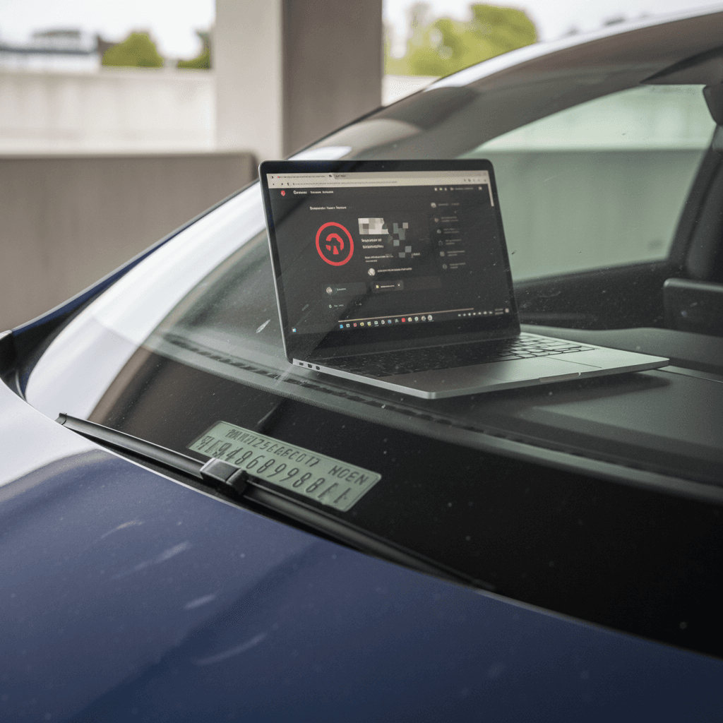 VIN plate on a Tesla Model X windshield with a laptop showing a recall lookup result on the NHTSA website