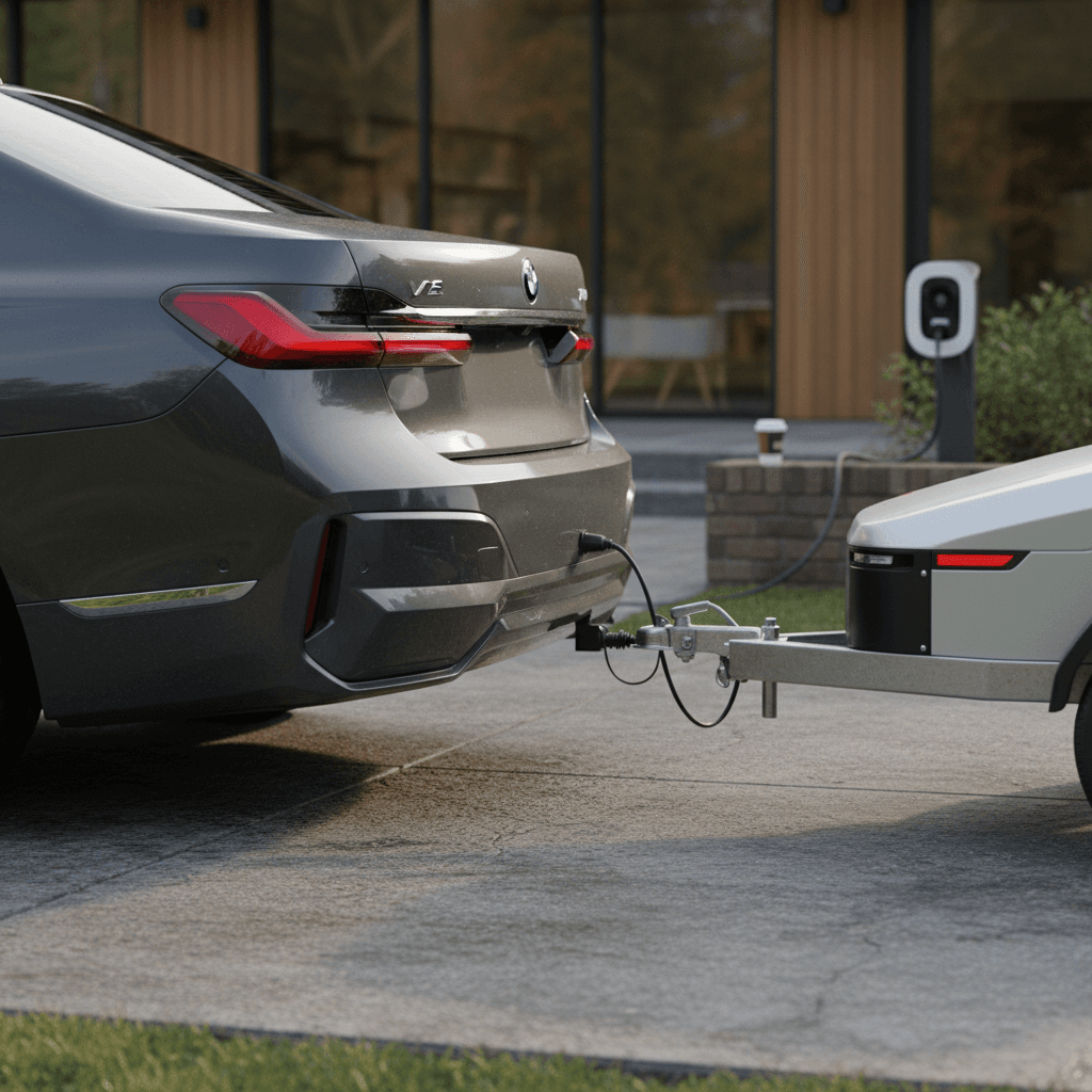 BMW i7 parked in a modern driveway with a small trailer attached to its rear tow hitch