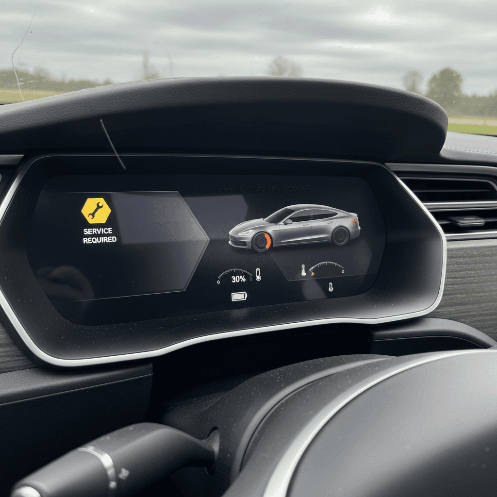 Tesla Model S digital instrument cluster displaying warning icons and notifications