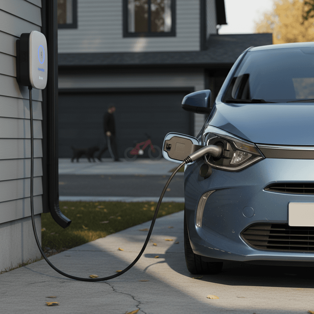 Affordable electric hatchback plugged into a home Level 2 charger in a suburban driveway