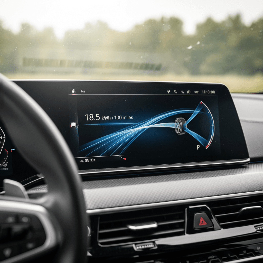 BMW i5 driver display showing energy use in kWh per 100 miles and remaining range