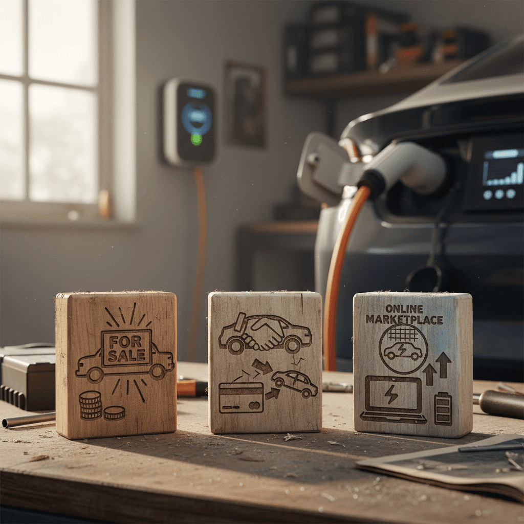Simple diagram showing three options to sell a used electric car: private sale, dealer trade-in, and online EV marketplace, with arrows pointing to pros and cons