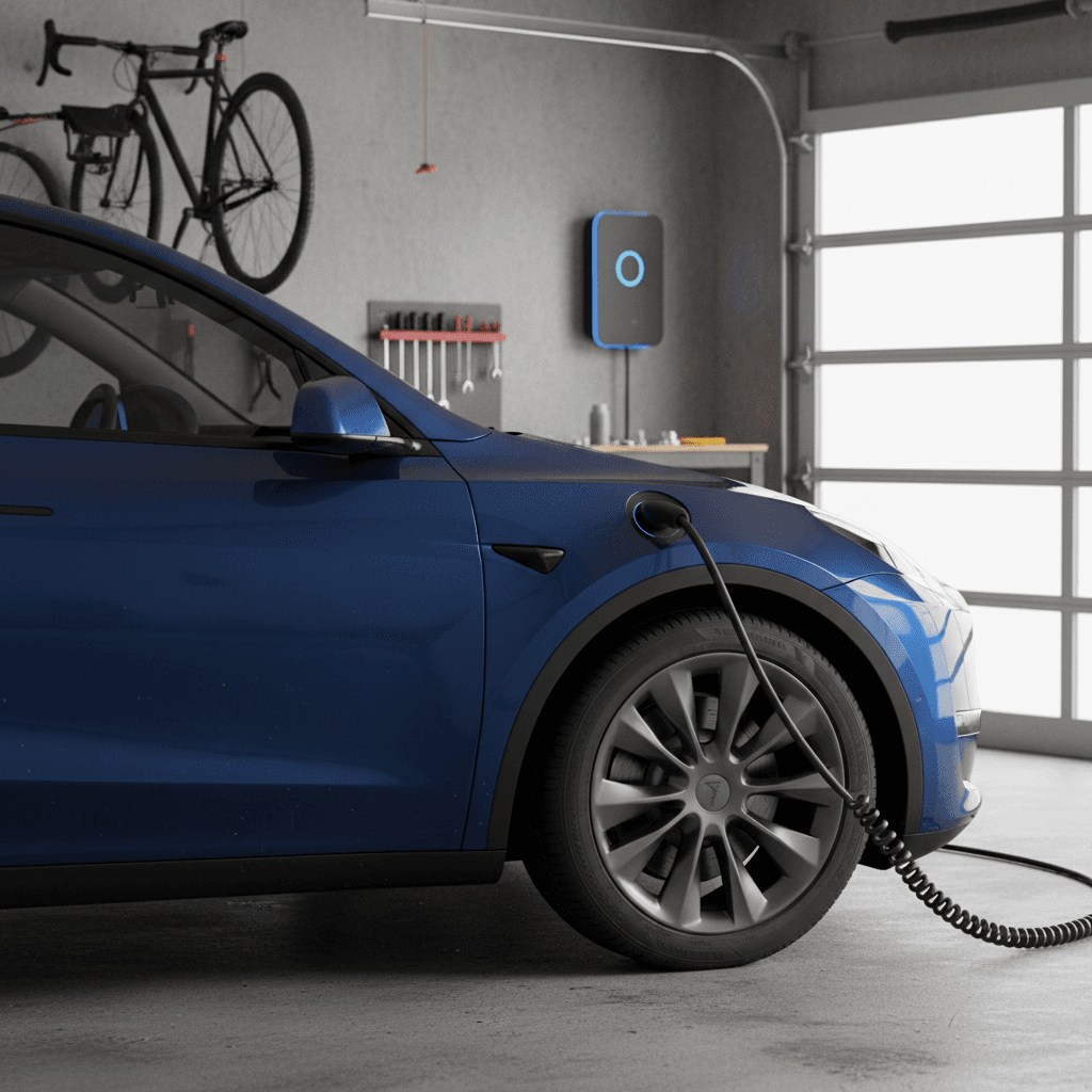 2024 Tesla Model Y charging at a home wallbox in a clean modern garage