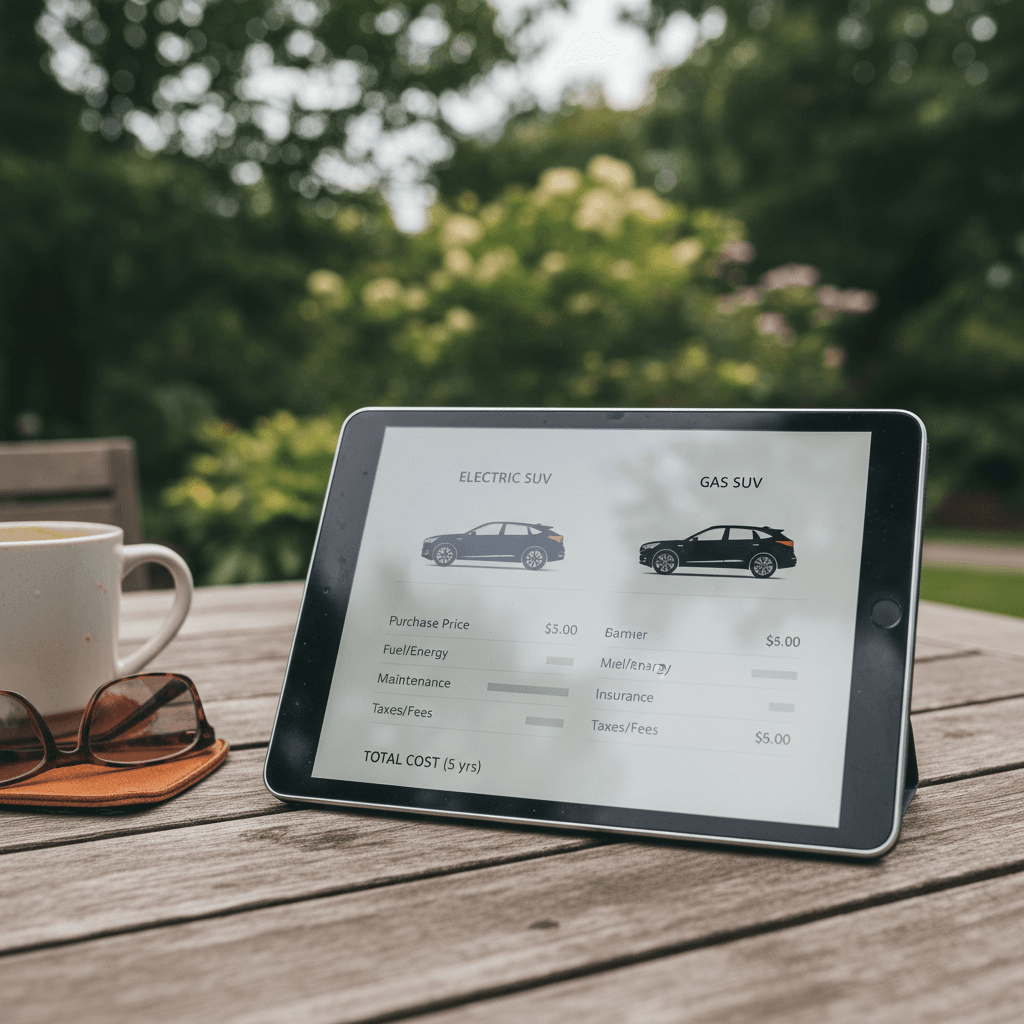 Tablet displaying a chart that compares annual ownership costs for an electric SUV and a gas SUV