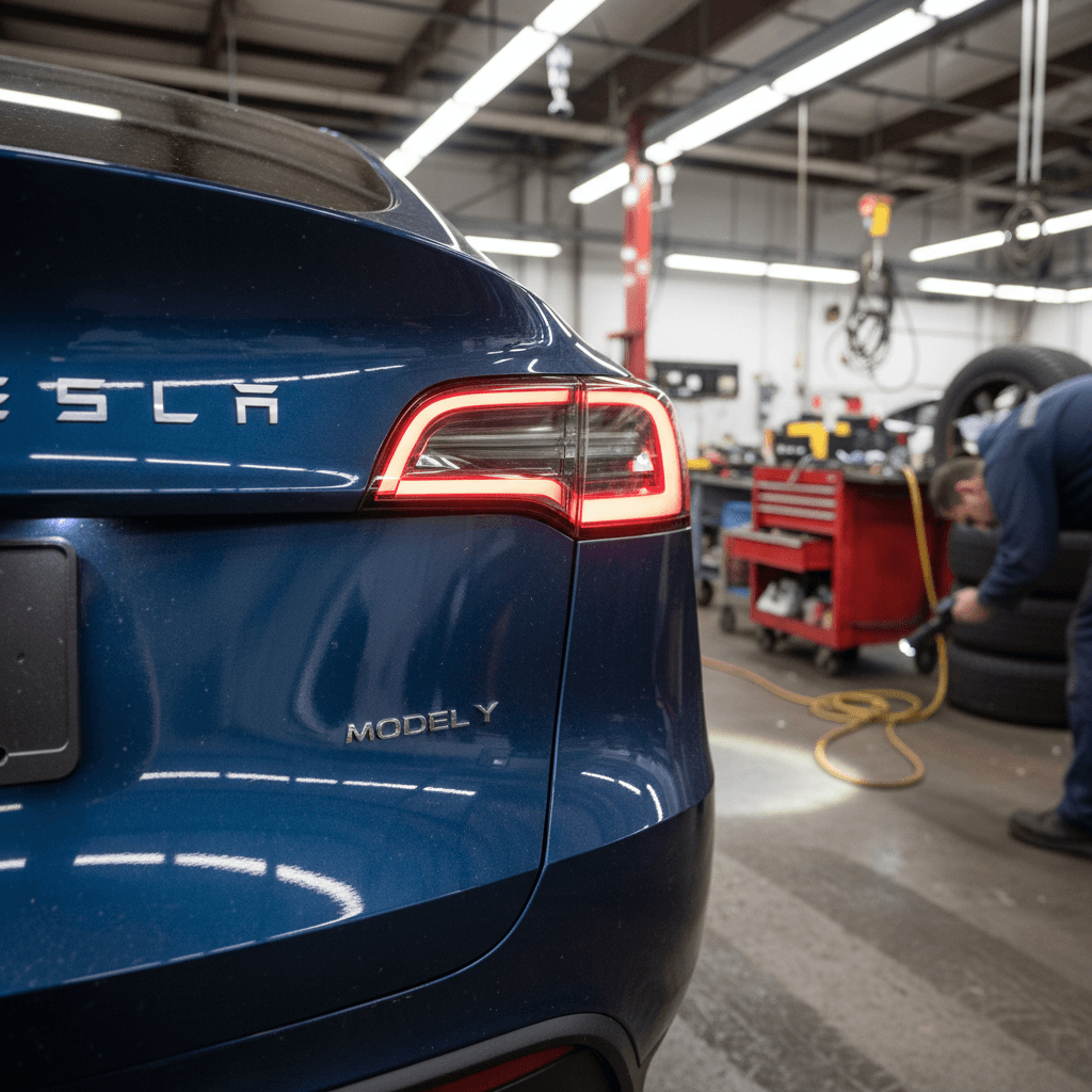 2026 Tesla Model Y in a service bay with technician inspecting rear lights and wiring