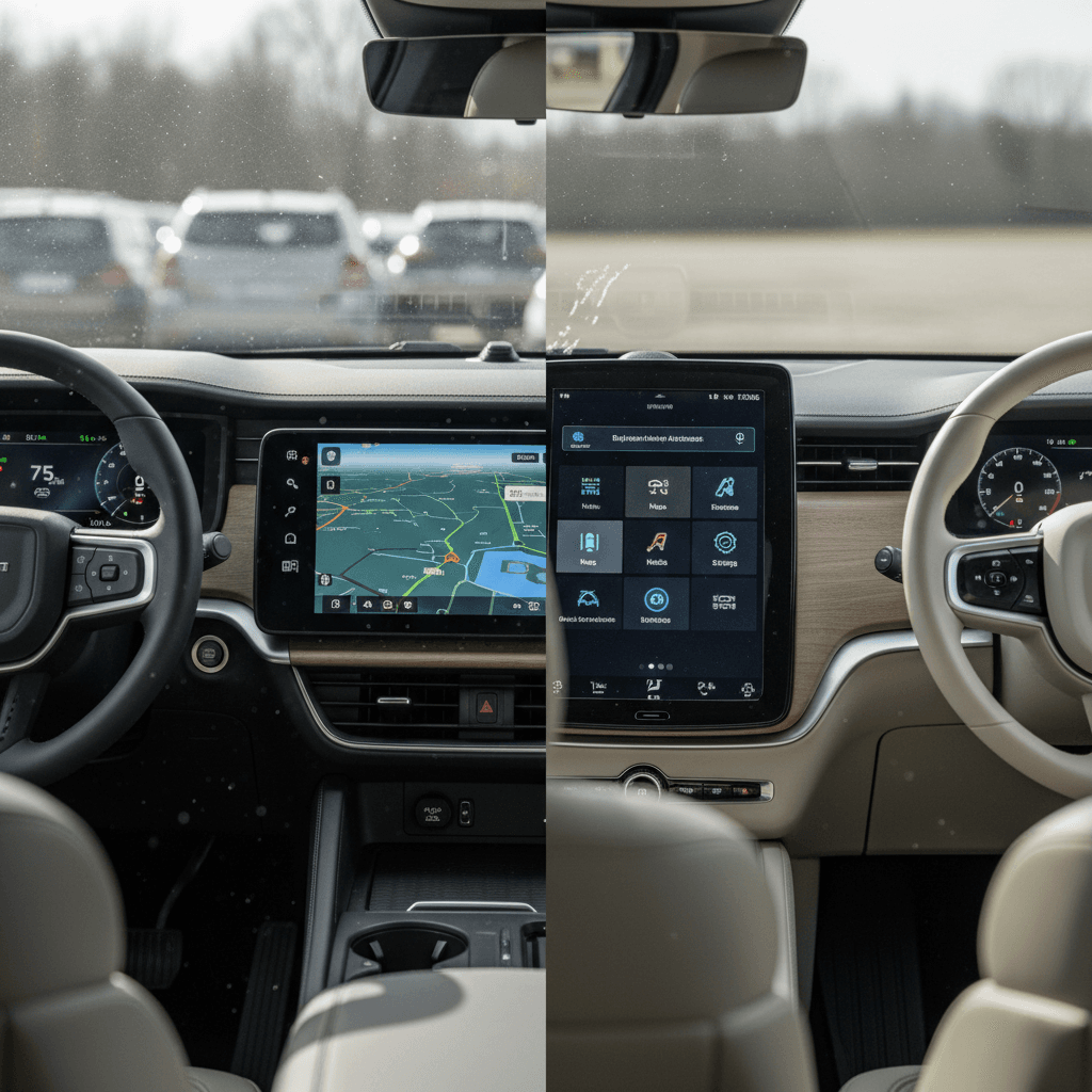 Digital dashboards of a Rivian R1S and Volvo EX90 showing battery and range displays side by side