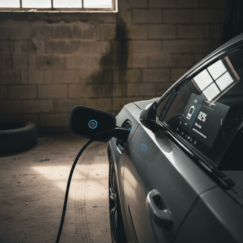 Polestar 2 plugged in inside a garage while the center screen shows a scheduled charge limit below 80 percent
