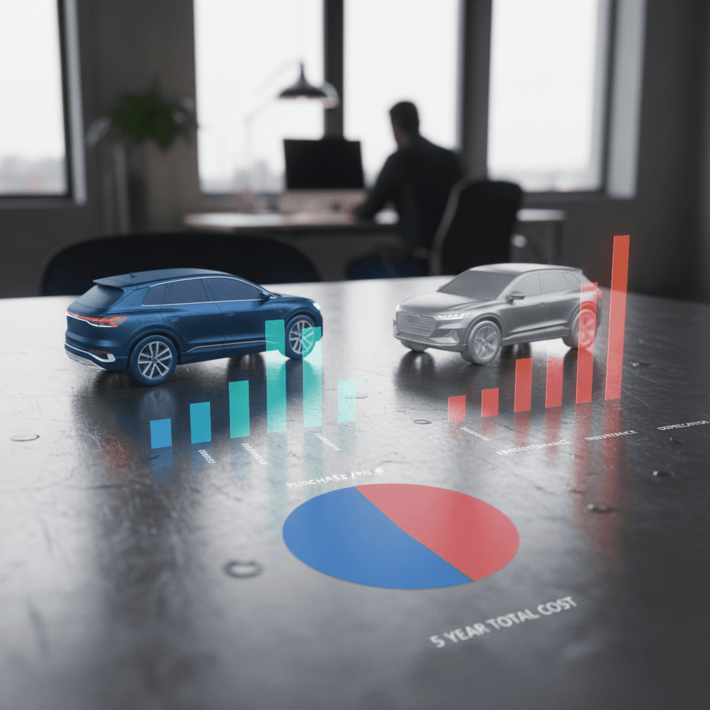 Side-by-side comparison chart of 5-year energy and maintenance costs for an Audi Q4 e-tron versus a similar gas SUV