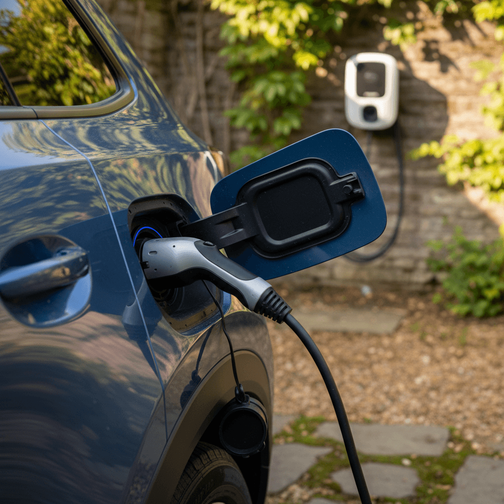 A Mazda CX-90 plug-in hybrid charging on a Level 2 home EV charger in a suburban driveway
