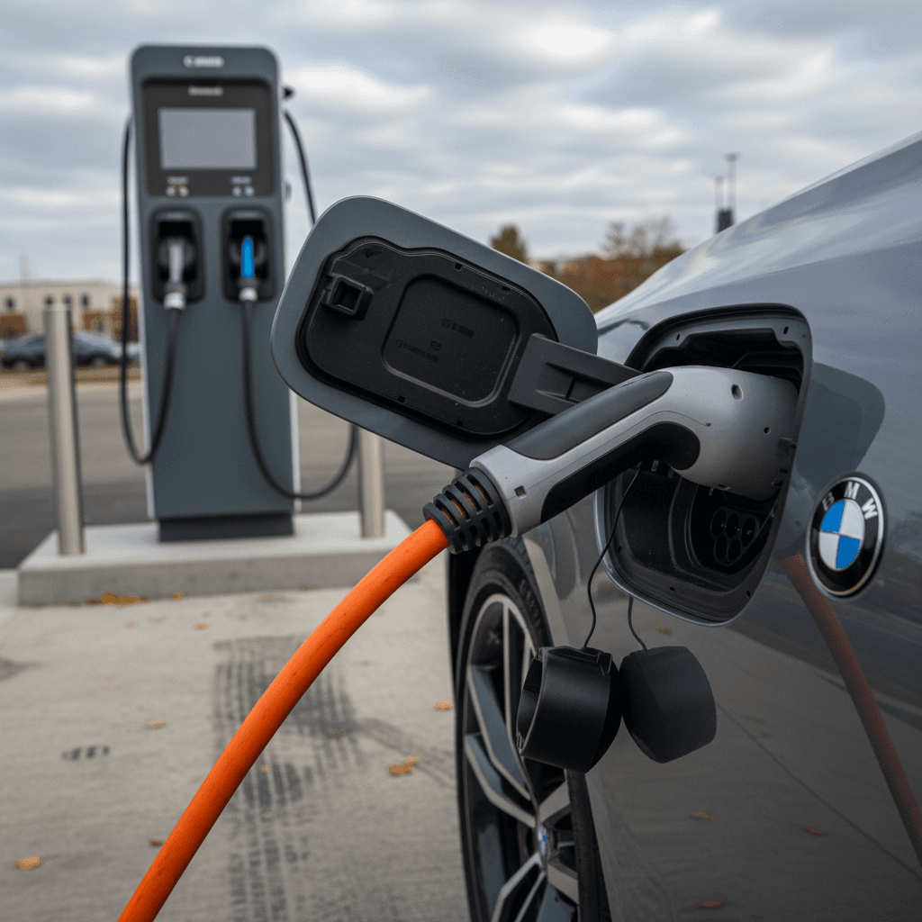 Close-up of the charging port of a 2022 BMW i4 connected to a DC fast charger