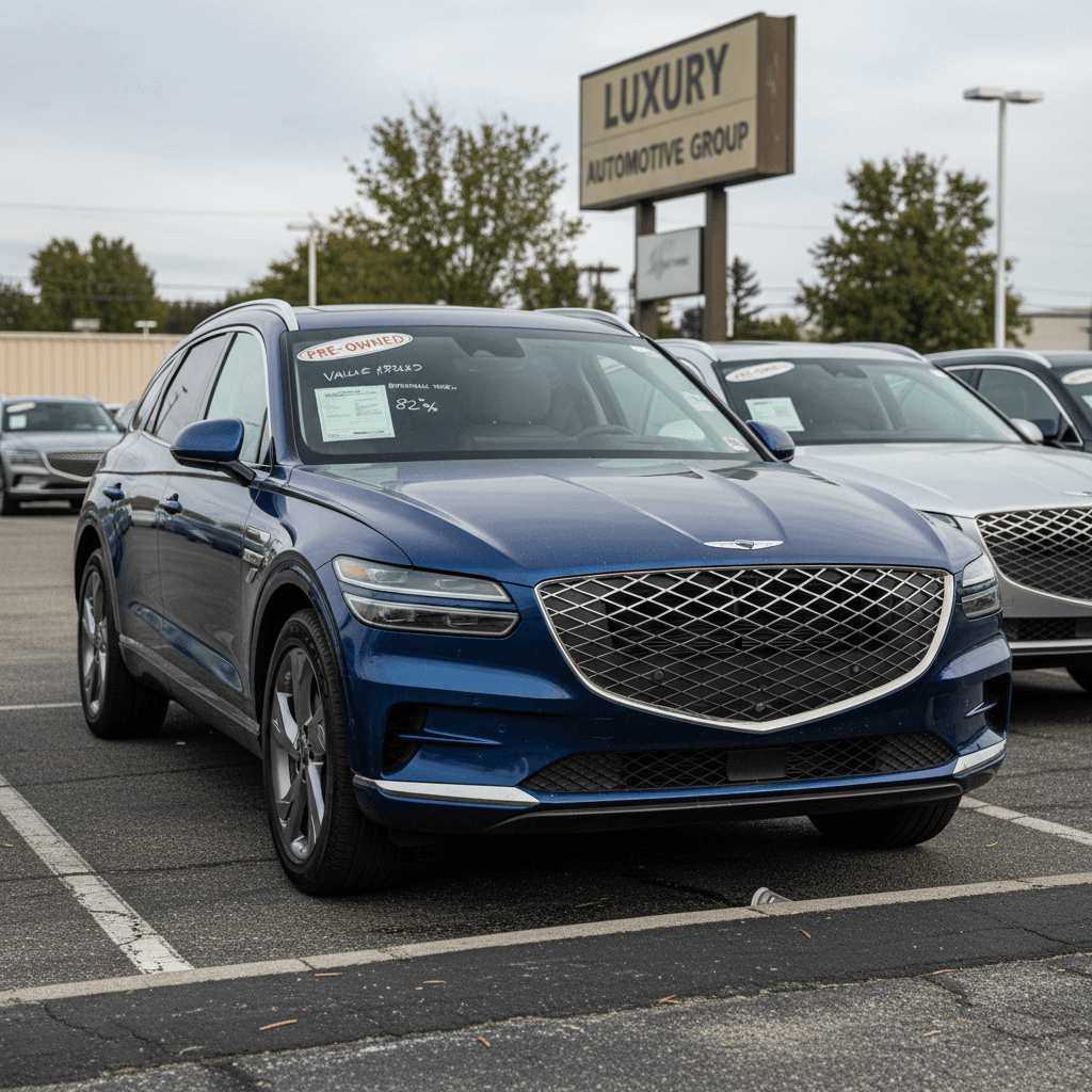 Row of used Genesis Electrified GV70 SUVs parked at a dealership lot, illustrating how depreciation impacts asking prices.