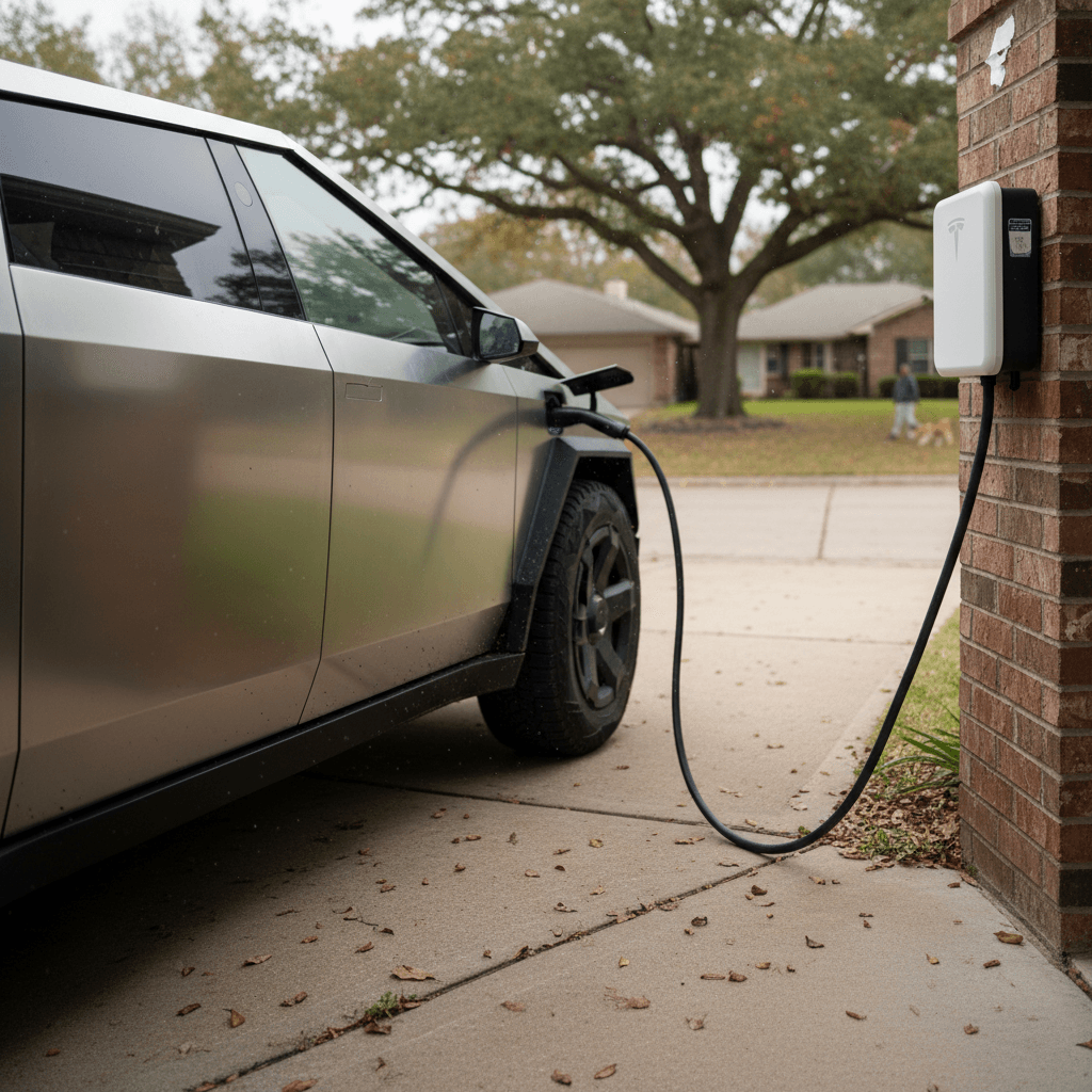 Tesla Cybertruck plugged into a home wall charger in a suburban driveway, illustrating lower home charging costs compared with public fast charging