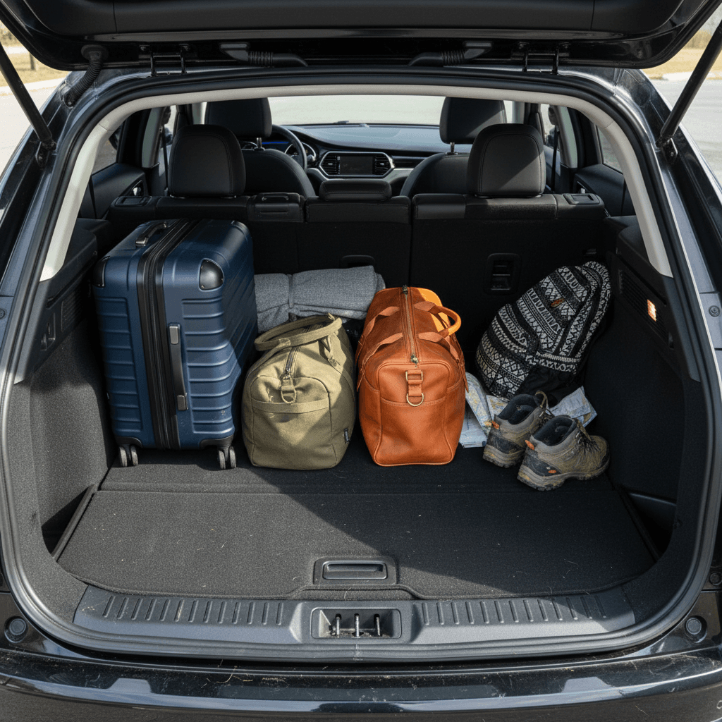 Ford Mustang Mach-E rear cargo area viewed from above with rear seats folded flat and luggage loaded