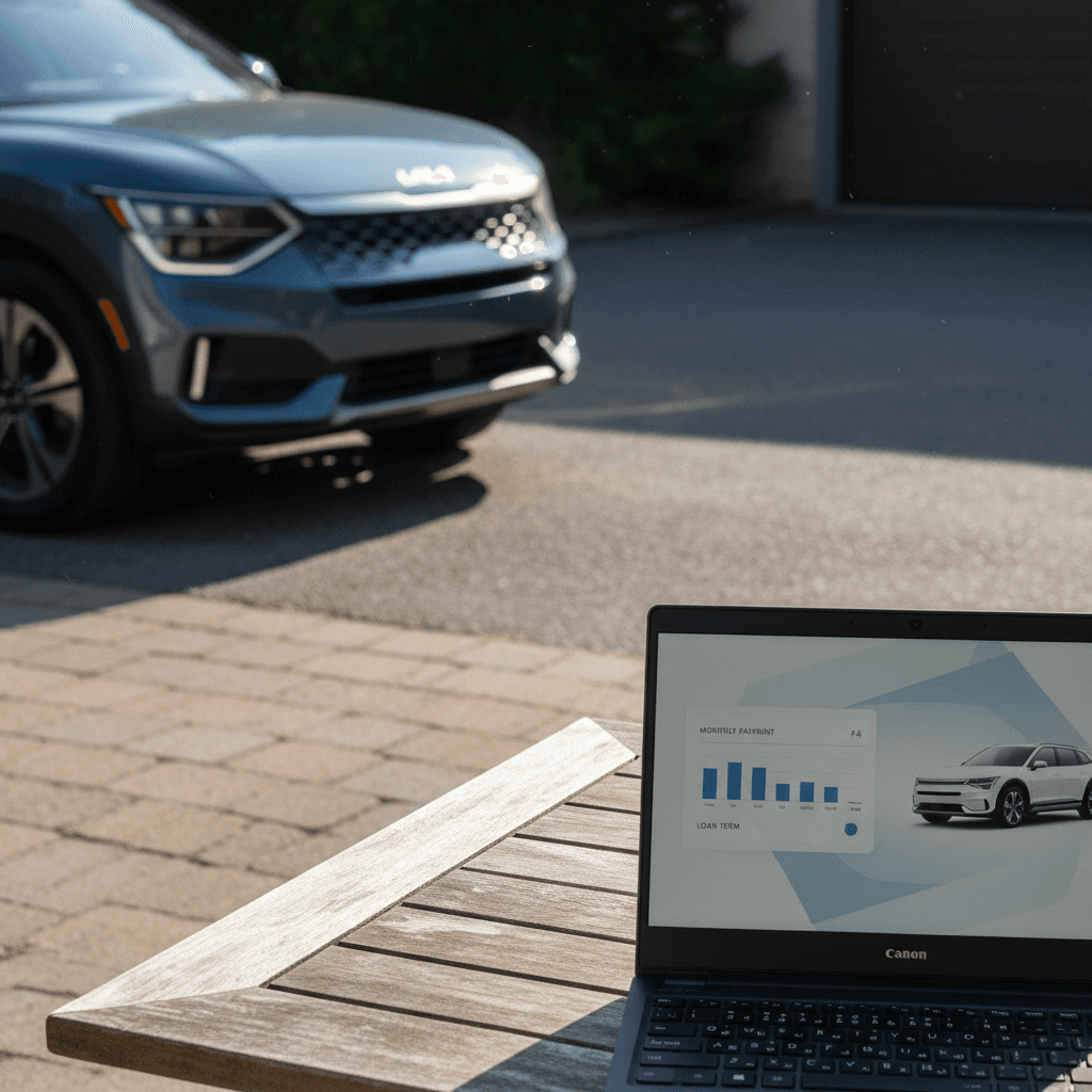 Laptop open to an online car payment calculator next to a Kia EV9 parked in a modern driveway