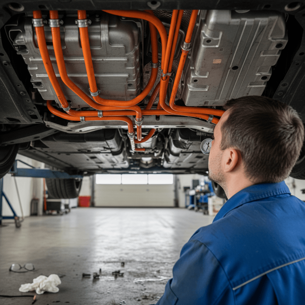 Technician inspecting the underbody coolant lines and battery pack of a BMW i4 on a lift