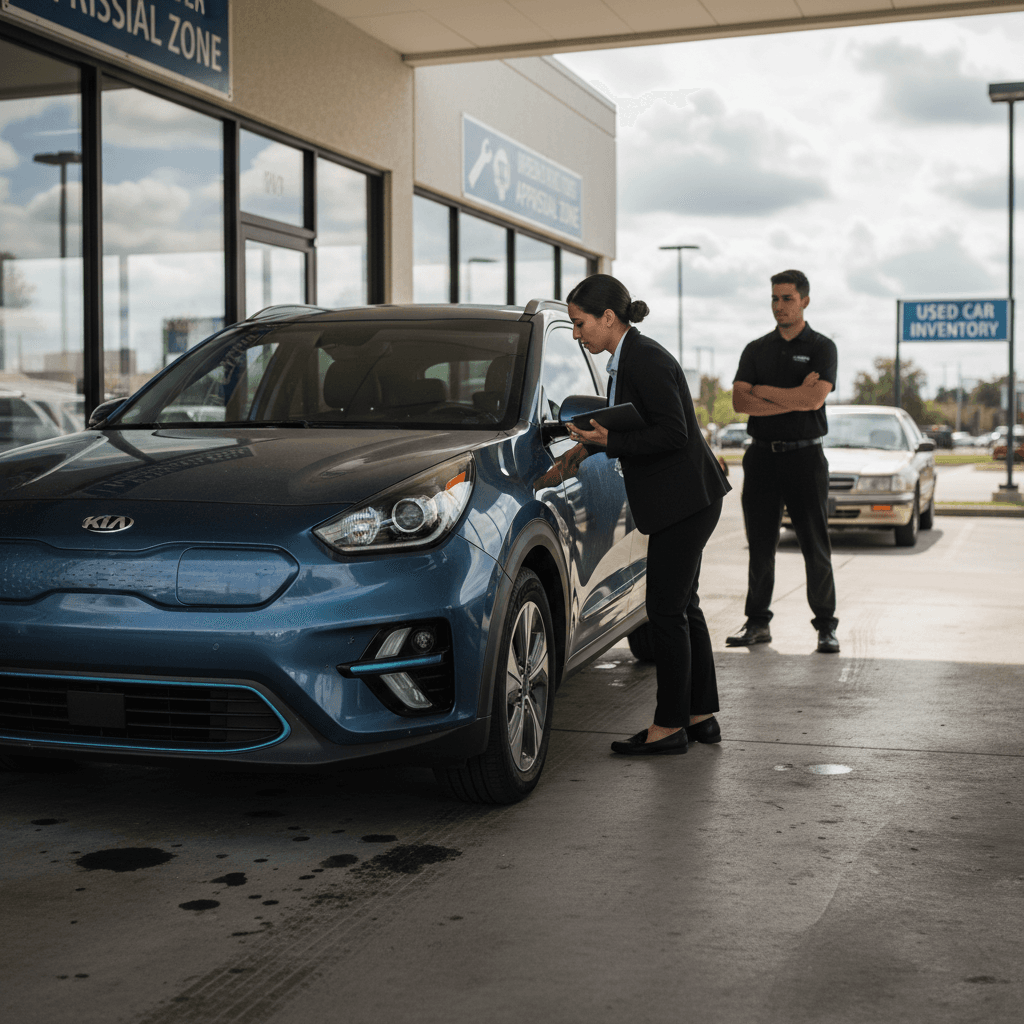 Used 2020 Kia Niro EV being appraised at a dealership trade-in area with salesperson inspecting exterior