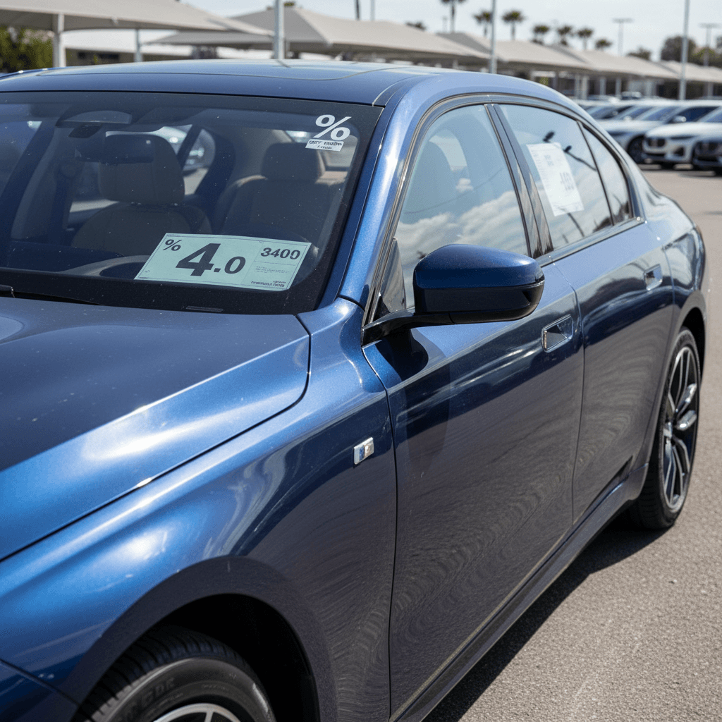 A used BMW i7 electric sedan lined up on a dealer lot with price stickers on the windshield, representing the 2026 resale market.