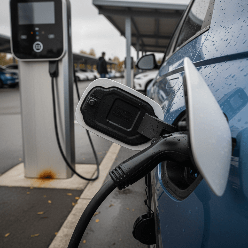 A silver 2024 Hyundai Ioniq 5 plugged into a public Level 2 charging station, with the charging port and cable in clear view