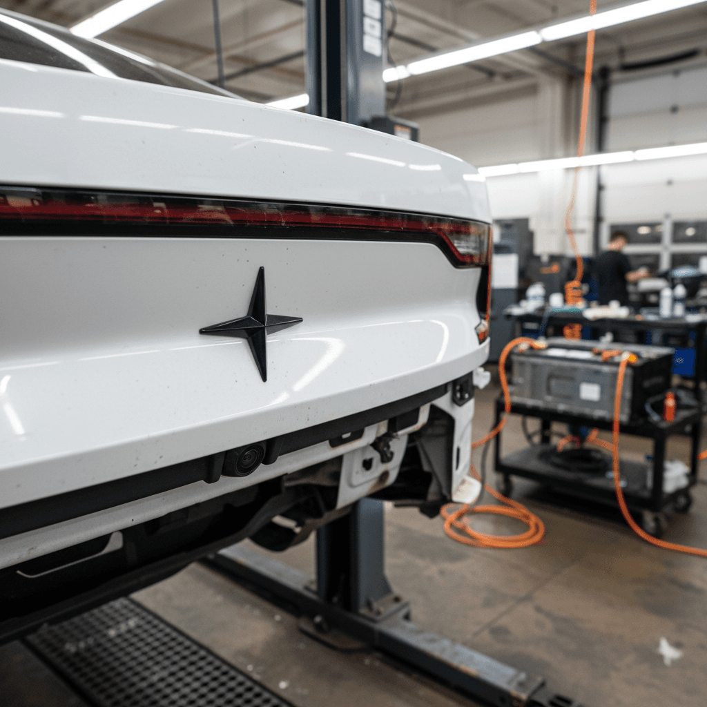 Technician inspecting a Polestar 2 backup camera and tailgate wiring at a service bay